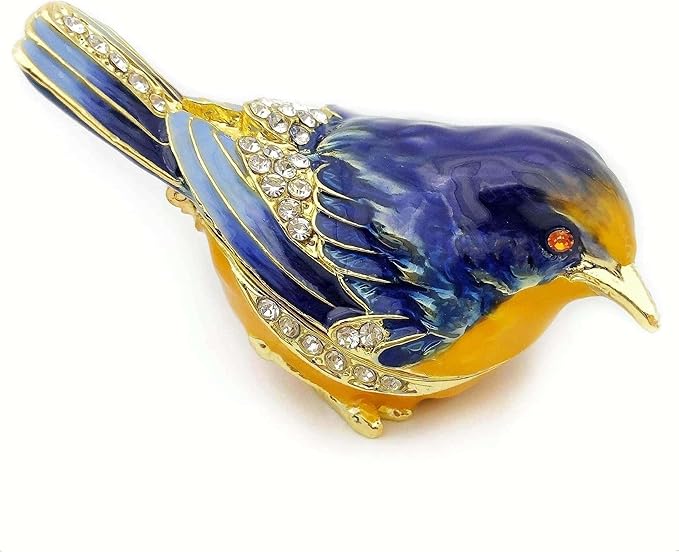 Starling Bird Trinket Boxes Hinged with Crystals Enameled Jewelry Box.Bird Lover Gifts for Women.Necklace Ring Box Earrings Storage.Collectible Bird Figurines Home Decor -Blue Yellow.