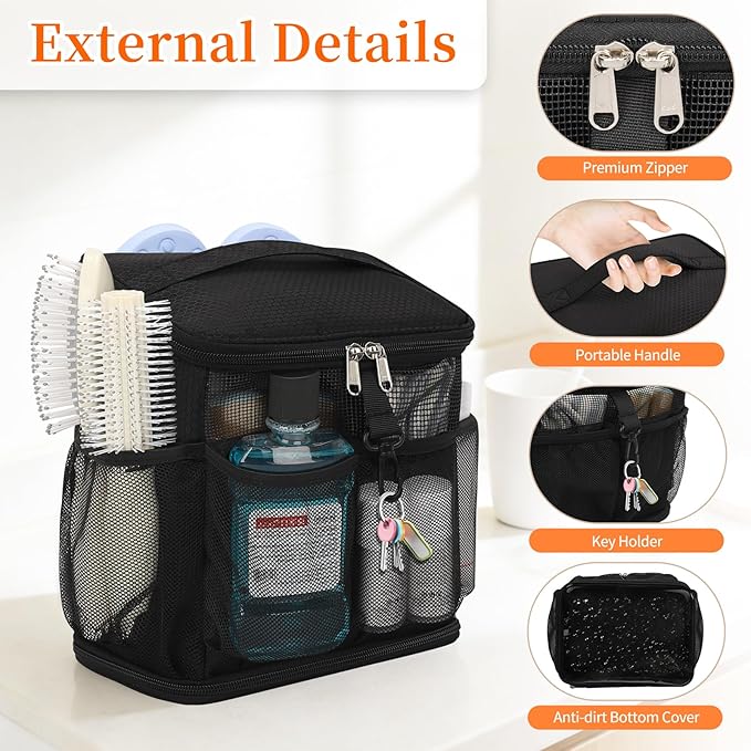 CUBETASTIC Shower Caddy Portable Mesh Shower Tote for Bathroom, Gym, Travel, Camping - Quick Dry Hanging Organizer Toiletry Bag with Handle for College Dorm Room, Men & Women