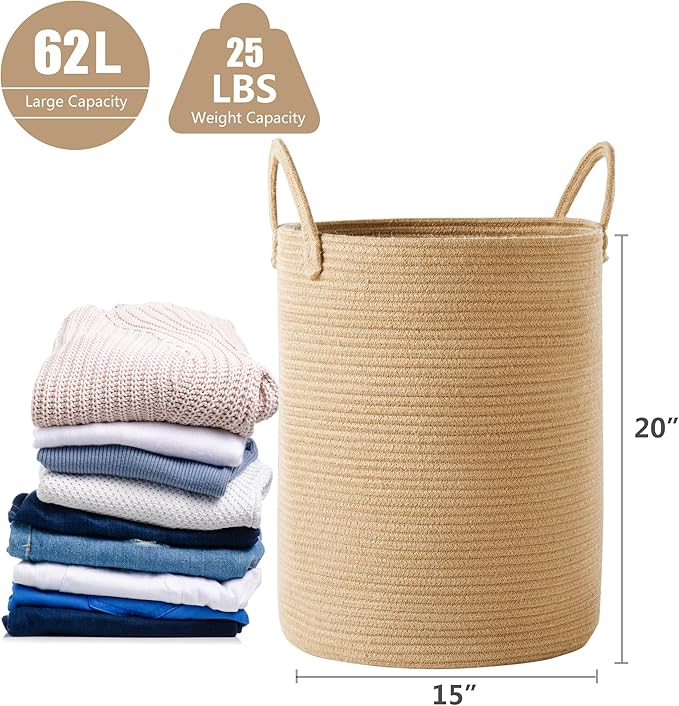 15Dx20H Inches Jute Woven Laundry Hamper Basket Wicker Rope Clothes Hamper Tall Rattan Blanket Basket in Living Room Bedroom 62L Large Capacity