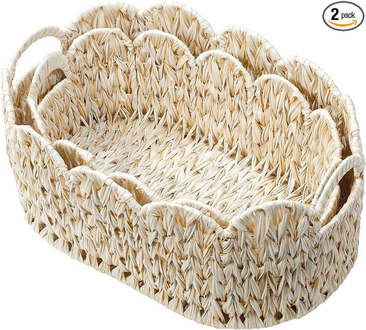Coeusy Wicker Scalloped Basket Set of 2,Woven Storage Baskets for Shelves,Closet,Laundry,Gifts,Towels,Books,Toys,Waterproof Boho Decor Basket for Organizing