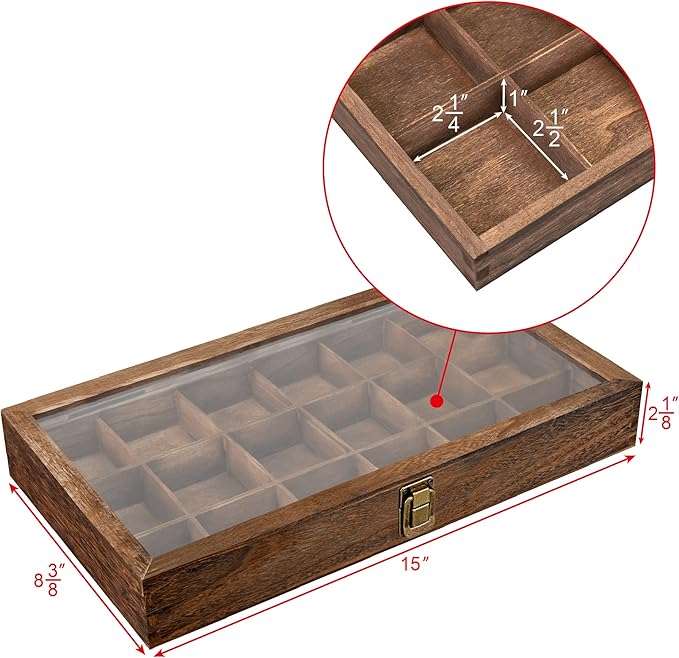 MOOCA Wooden Jewelry Display and Beads Display Storage Case with Tempered Glass Lid , 18 Compartments, 15" W x 8 3/8" L x 2 1/8" H, Brown Color
