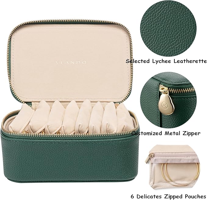 VLANDO Travel Jewelry Box Organizer – Portable PU Leather Jewelry Case with 6/8/12 Zippered Pouches, Compact Storage for Earrings Rings Necklaces Bracelets, Dark Green