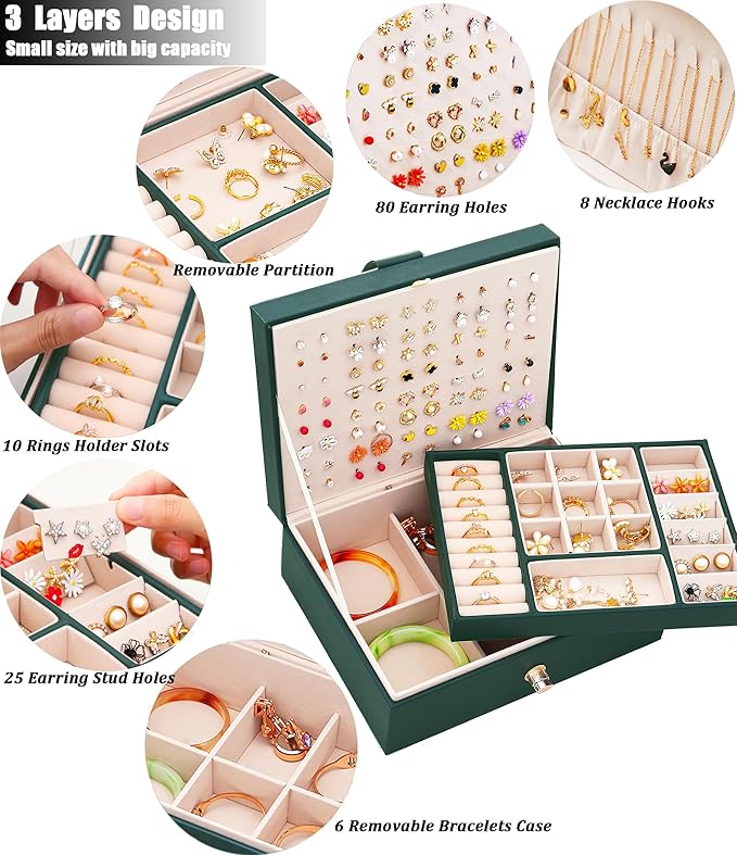 QBestry Womens Earrings Jewelry Box for Girls Jewelry Earring Organizer Box Earring Holder Organizer for Girls Jewelry Organizer Boxes for Women Girls Stud Earrings Organizers Jewelry Box Green
