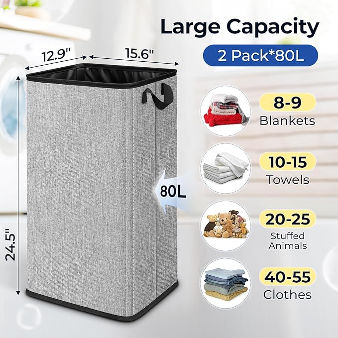 SNIGJAT 2 Pack Large Laundry Hamper, Tall Collapsible Laundry Basket with Sturdy Handles, Clothes Basket for Towels, Toys, Space-Saving Storage Dirty Clothes Hamper for Bedroom, Laundryroom, Dorm, RV