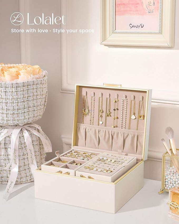 Lolalet Jewelry Box Organizer for Women Girls, 2 Layer Jewelry Organizers and Storage for Necklace Earrings Rings Bracelets, Large Jewellery Holder Case Birthday Mothers Day Gifts -Cream