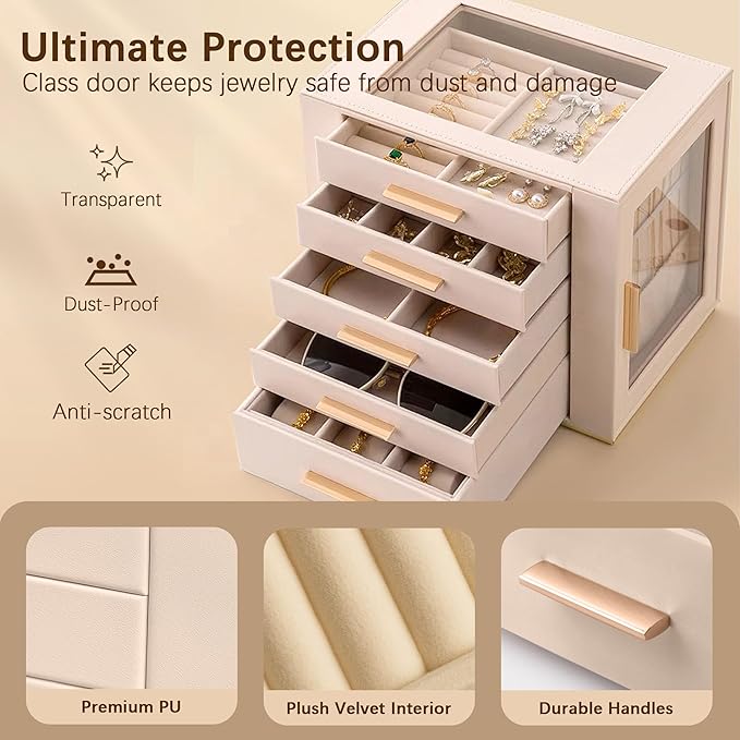 Homeanda Jewelry Box for Women with Glass Lid, 5 Drawers Jewelry Organizer and Storage for Necklaces, Rings, Earrings, Bracelets, Gift for Girls and Teens,PU Leather (Beige)