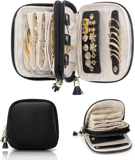 VLANDO Travel Jewelry Case,2-Layer Jewelry Organizer for Travel,Mothers Day Mom Gifts Teacher Gift,Multi-Compartment Jewelry Storage for Rings Earrings Necklaces Bracelets-Black