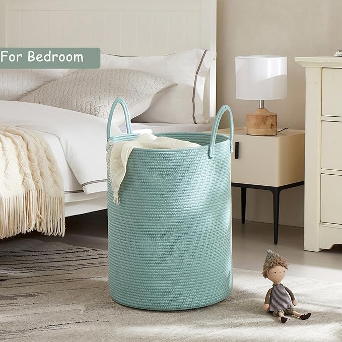 15Dx20H Inches Tall Green Cotton Rope Laundry Hamper Woven Basket for Clothes Blanket Storage in Bedroom Living Room for Baby Nursery Kids Toys Organize 62L Large Capacity
