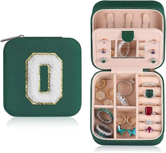 ETHOON Jewelry Travel Case Small Organizer Stocking Box Personalized Gifts Teenage Jewelry Accessories Holiday Christmas Gift for Women Green, Letter O