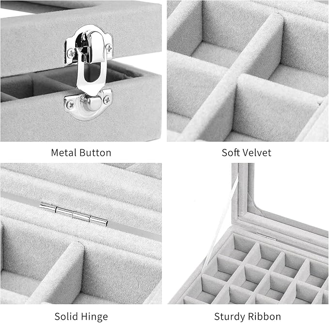 Jewelry Box 24 Grid Velvet Jewelry Tray for Drawers Glass Clear Lid Showcase Display Storage Ring Trays Holder Earrings Organizer Case(Grey)
