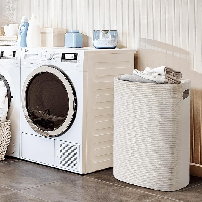 MEGASKET Large Laundry Hamper 16"x13"x22" - Tall Woven Laundry Basket, Cotton Rope Dirty Clothes Hamper, Baby Kids Nursery Wicker Laundry Basket, Bedroom Aesthetic, Soft Laundry Bin, White Hamper, 75L