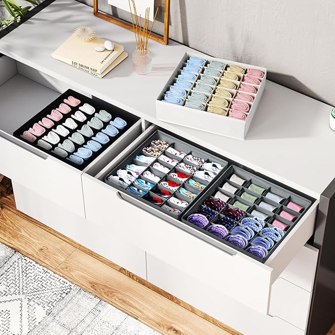 Sock Organizer 4 Pack, Foldable Underwear Drawer Organizer - 24 Cell for Socks, Handkerchiefs, Ties, Belts (Gray)