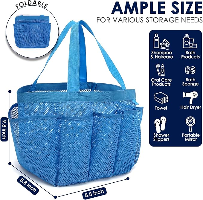 GYEUKHAM Large Mesh Shower Caddy Portable with 8-Pocket for College Dorm Room Essentials,Quick-Dry Handing Shower Basket Tote Bag for Toiletry, Bathroom,Beach,Camp,Gym,Blue