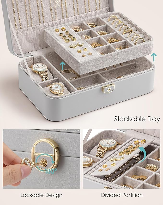VLANDO 2 Layer Jewelry Box,Jewelry Organizer Storage Lockable Earring Organizer Removable Jewelry Tray with Watch Pillow for Neckable Ring Bracelets-Grey