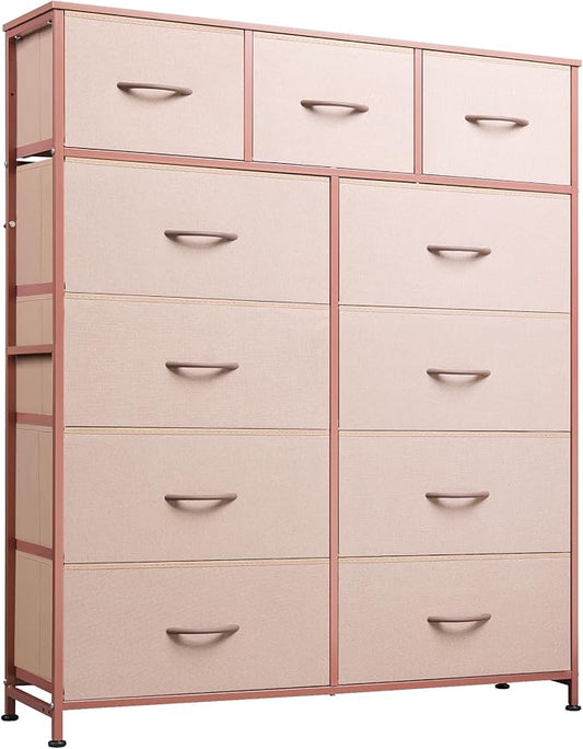 WLIVE Tall Dresser for Bedroom, Fabric Dresser Storage Tower, Chest of Drawers Organizer Unit with 11 Drawers, Storage Cabinet, Hallway, Closets, Steel Frame, Wood Top, Pink