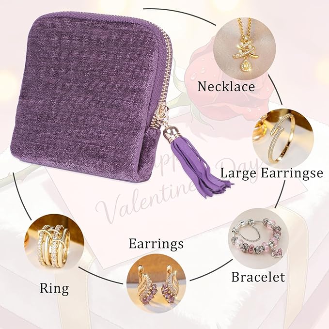 ASINGYER Travel Jewelry Storage Bag for Women, Velvet Portable Jewelry Organizer with Tassel Zipper, Small Pouches for Bracelets Necklaces Rings Earrings, Wedding Gift for Women (purple)