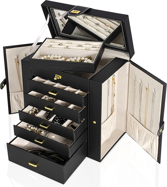 AKOZLIN Large Jewelry Box Organizer Functional with Big Mirror, Leather Jewelry Storage Case for Women Girls Ring Necklace Earring Bracelet Holder Organizer