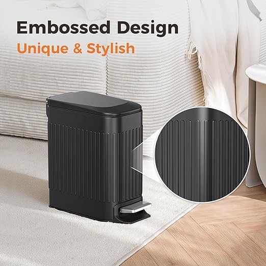 TrashAid Small Black Bathroom Trash Can with Lid Soft Close, 6 Liter / 1.6 Gallon, Stainless Steel Garbage Can with Removable Inner Bucket, Step Pedal, Slim Wastebasket for Toilet, Office, Bedroom