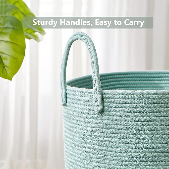 15Dx20H Inches Tall Green Cotton Rope Laundry Hamper Woven Basket for Clothes Blanket Storage in Bedroom Living Room for Baby Nursery Kids Toys Organize 62L Large Capacity
