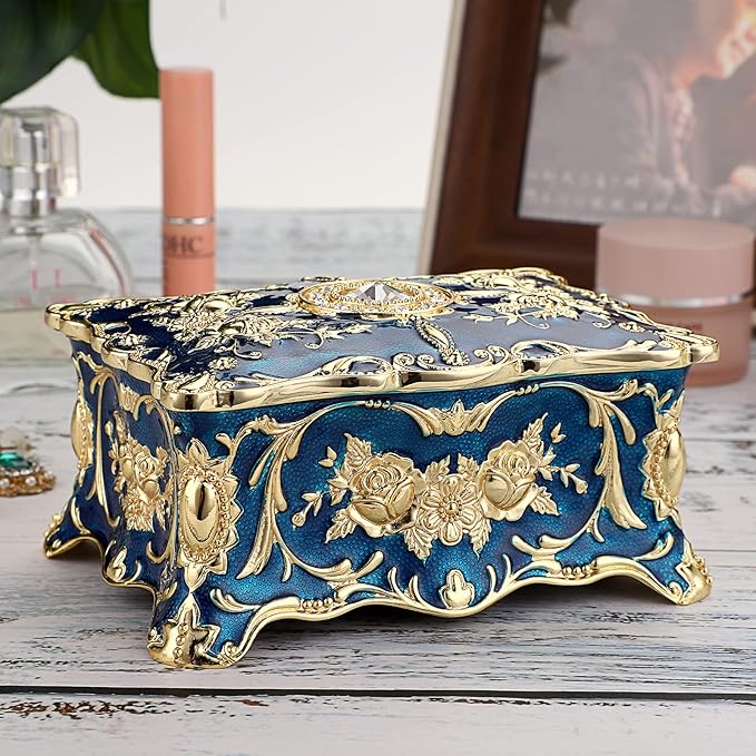 Hipiw Vintage Jewelry Organizer Box - Metal Trinket Storage Box Ornate Treasure Chest Box Jewelry Decorative box Keepsake Gift Box Case for Women,4.9"x3.4"x2.7"