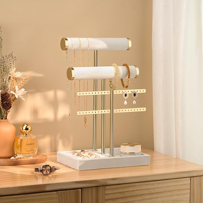 bussdis 3 Tier Bracelet Holder Display - Detachable T Bar White Velvet Bracelet Holder, Jewelry Holder Organizer for Bracelet, Necklace, Earrings, Rings