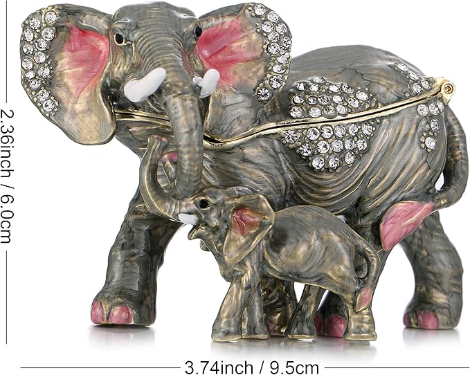 Hand Painted Animal Trinket Box for Home Decor, Hinged Jewelry Organizer Storage, Unique Personalized Collectible Keepsake Figurine Handmade Decorative Ornament Gifts (Mom & Baby Elephant)