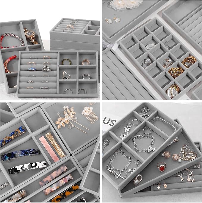 12Pcs Velvet Stackable Jewelry Trays, Jewelry Drawer Organizer, Large Removable Display Jewelry Tray, Necklace Bracelet Storage Box for Earring, Ring, Brooch, Watch (Grey)