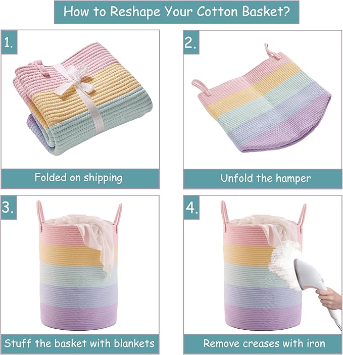 15Dx20H inches Large Baby Girls Kids Hamper Rainbow Laundry Basket for Nursery Clothes Pastel Unicorn Woven Hamper Tall Blanket Basket in Playroom Bedroom 62L