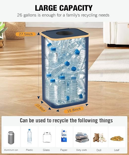 Recycling Bins for Kitchen, 26 Gallon (100L) Recycle Bin with lid, Indoor Oxford Fabric Recycling Trash Can with 2 Pack Removeable and Reusable Inner Bags for Bottle Can Glass Plastic Sticker, Blue