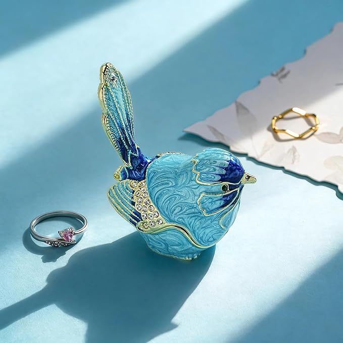 YU FENG Enamel Bird Trinket Box Jewelry Organizer, Hand Painted Decorative Hinged Keepsake Box – Blue Bird