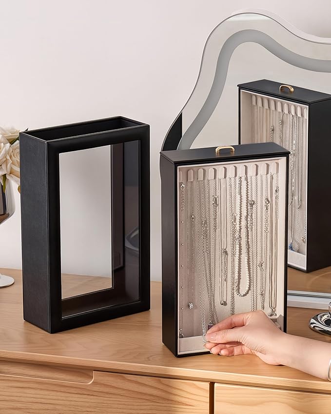 Lolalet Upgraded Double-Sided Hanging Necklace Organizer Box, Jewelry Display Case with Double-Sided Clear Window for Necklaces Bracelets, Tangle-Free Necklace Storage Box, Mothers Day Gift