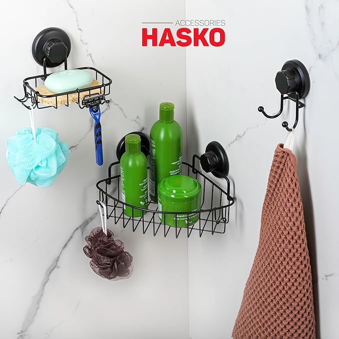 HASKO accessories Corner Shower Caddy with Suction Cup Shower Shelf with Hooks, Stainless Steel Bathroom Caddy, Wall Mounted Shower Basket for Bathroom, Adhesive 3M Stick Discs Included (Black)