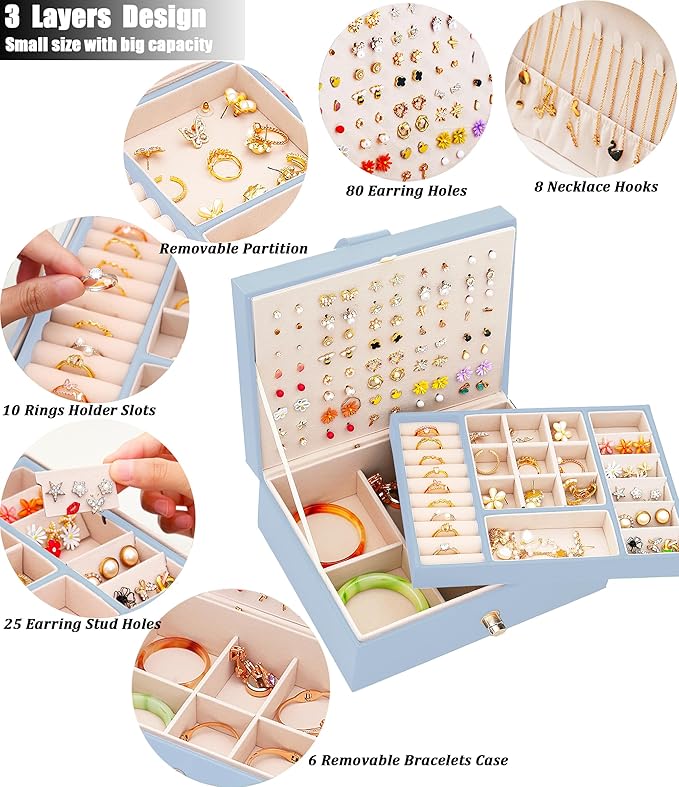QBestry Girls Jewelry Box Earring Holder Organizer for Girls Jewelry Organizer Box Stud Earrings Organizer for Girls Womens Blue Jewelry Box for Earrings and Necklaces Rings Stud Earrings Box for Teen