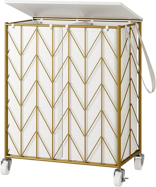 WOWLIVE Laundry Basket with Wheels, Heavy Duty Laundry Hamper with Wood Lid, Clothes Hamper with Divided Removable Liner Bag, Large Capacity Iron-Made Laundry Sorter Laundry Room Organization (Golden)