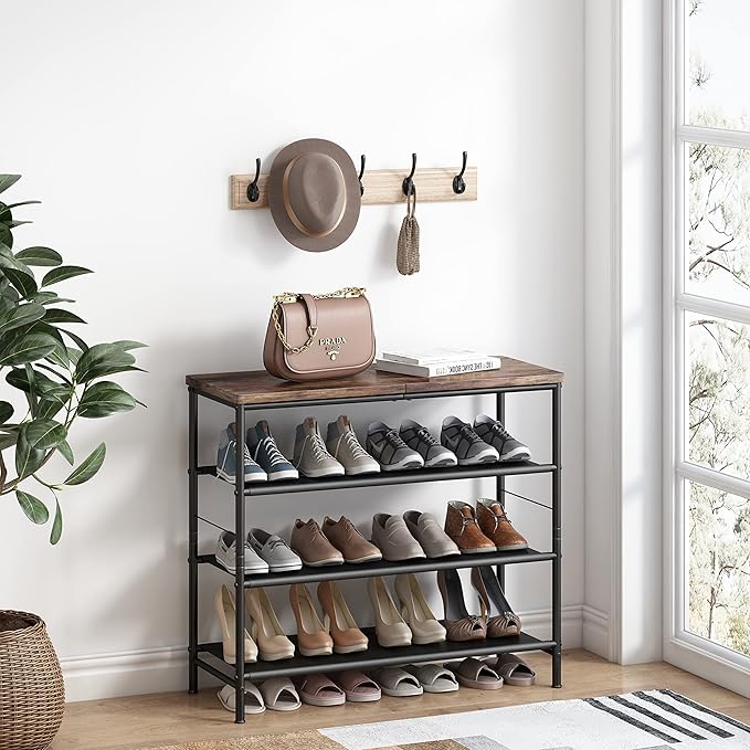 INGIORDAR Shoe Rack Organizer 4 Tier Metal Organizer Shelf with Industrial MDF Board and Layer Fabric for Entryway Closet Bedroom Living Room Garage,Black & Rustic Brown (Black+Rustic Brown, 4 Tier)