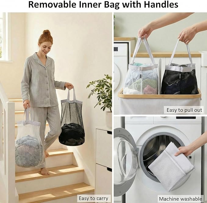 efluky Laundry Hamper with Lid, Double Laundry Hamper with 2 Removable Bags, 2 Section Laundry Basket with Bamboo Handles for Bathroom, Bedroom & Laundry Room, 140L (36.9 Gallon) Light Grey