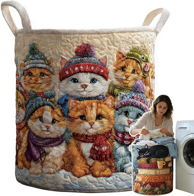 Cat Quilted Laundry Basket - 18"/22"/28", 2026 Large Quilted Cat Laundry Basket with Handles, Cozy Cat Fabric Storage Hamper for Nursery, Bedroom, Laundry Room, Clothes & Toys (4, M 16"X22")