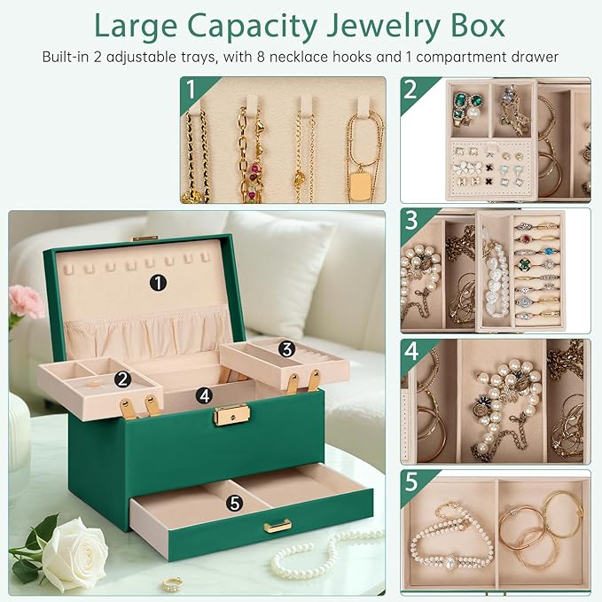 AKOZLIN Travel Jewelry Box Organizer Functional 2-trays Leather Jewelry Storage Case with Lockable Portable Drawer for Women Girls Ring Necklace Earring Bracelet