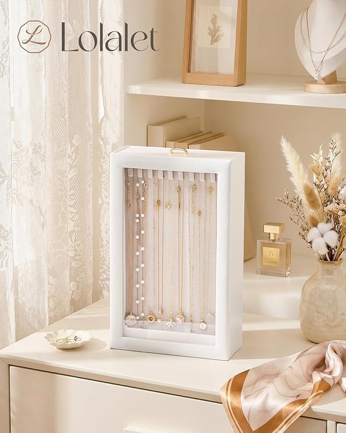 Lolalet Upgraded Double-Sided Hanging Necklace Organizer Box, Jewelry Display Case with Double-Sided Clear Window for Necklaces Bracelets, Tangle-Free Necklace Storage Box, Mothers Day Gift