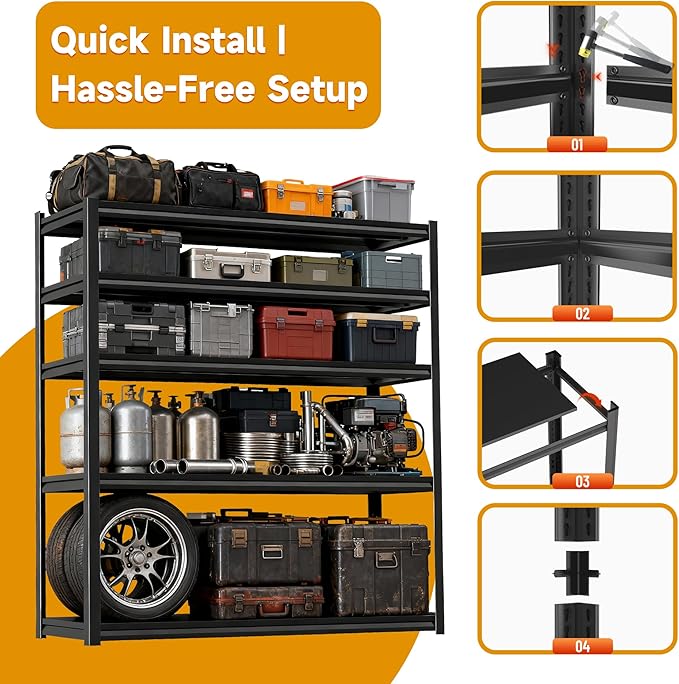 48" W Garage Shelving,5 Tier Heavy Duty Metal Garage Storage, Steel Shelving, 3000 lbs Capacity, Industrial Shelves for Heavy Tools and Equipment, Ideal for Garage, Basement, Black
