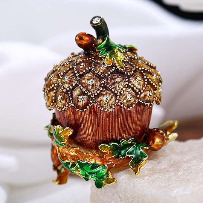 Hand Painted Fruit Trinket Box for Home Decor, Hinged Jewelry Organizer Storage, Unique Personalized Collectible Keepsake Figurine Handmade Decorative Ornament Gifts (Acorn)