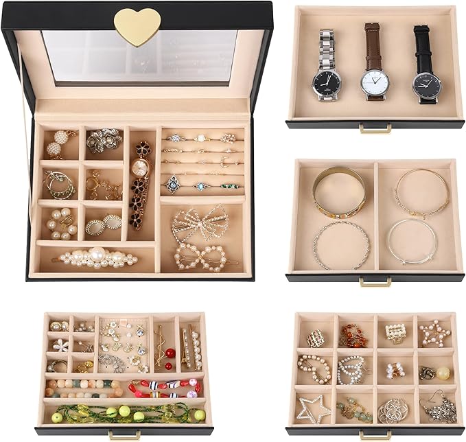Kendal Jewelry Box, 5-Layer Jewelry Organizer Box with Glass Lid, Black, Heart Shaped PU Leather, Storage Box for Necklace Earrings Rings Bracelets, Gift Idea for Girls LJC4DRBK