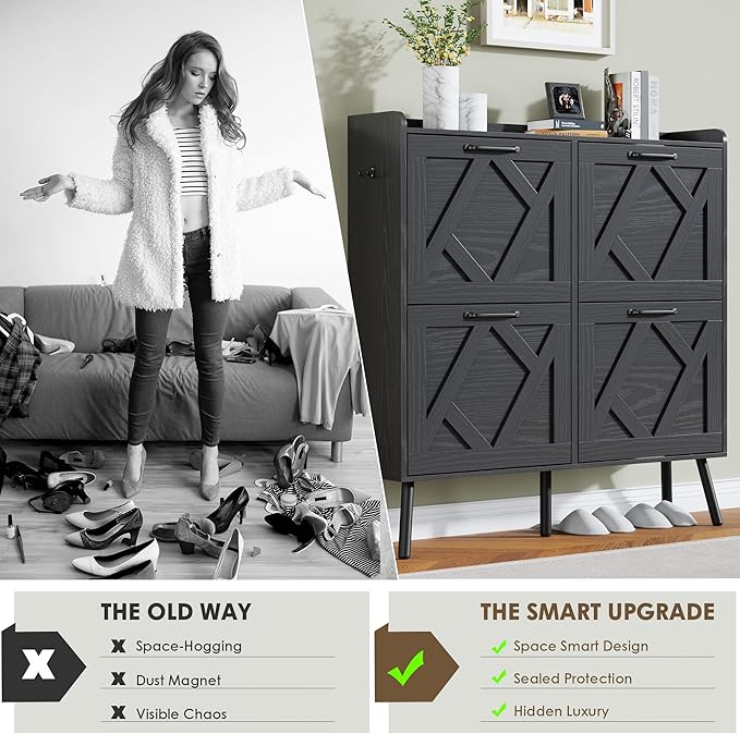 Nicetree Shoe Cabinet with 4 Flip Drawers, Hidden Shoe Rack Cabinet with Metal Legs, Farmhouse Narrow Shoe Storage Cabinet for Entryway, Foyer, Hallway, Black with Hook