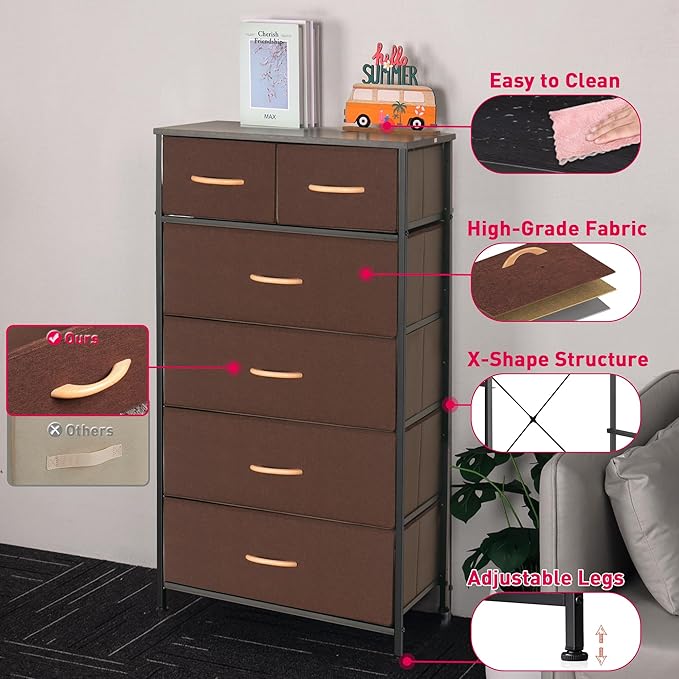 Mifuro Tall Dresser for Bedroom, Vertical Storage Organizer Tower with 6 Drawers, Chest of Drawers with Fabric Bins, Steel Frame, Wood Top for Bedroom, Closet, Entryway- Brown