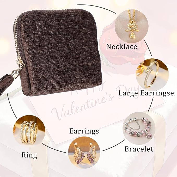 ASINGYER Travel Jewelry Storage Bag for Women, Velvet Portable Jewelry Organizer with Tassel Zipper, Small Pouches for Bracelets Necklaces Rings Earrings, Wedding Gift for Women (coffee brown)