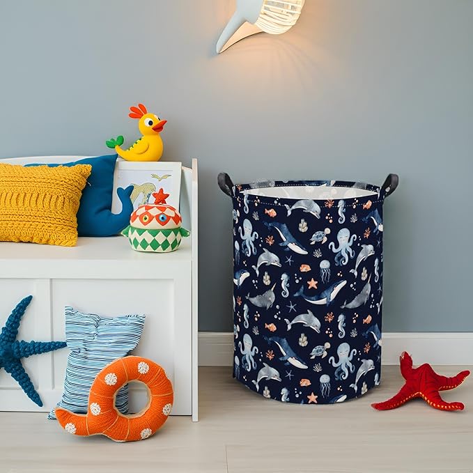 HIYAGON Ocean Baby Laundry Basket Baby Hamper for Nursery Girl Kids Soccer Hamper Cute Kids Toys Storage Bin Organizer Ocean Room Decor for Home(Blue Ocean)