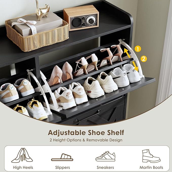 Nicetree Shoe Cabinet with 4 Flip Drawers, Hidden Shoe Rack Cabinet with Metal Legs, Farmhouse Narrow Shoe Storage Cabinet for Entryway, Foyer, Hallway, Black with Hook