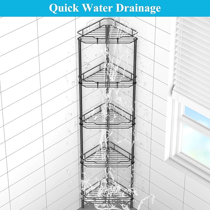 HuggieGems 5 Tier Floor Standing Corner Shower Caddy Organizer Shelf with Hooks, Bathroom Shelves Stand Rack, Matt Black