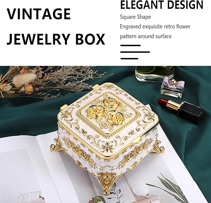 Hipiwe Vintage Jewelry Box Rectangular Trinket Chest Metal Treasure Holder for Ring Earrings Organizer Keepsake Box Gift for Woman, Beige, 5.1" L x 5.1" W x 3.1" H