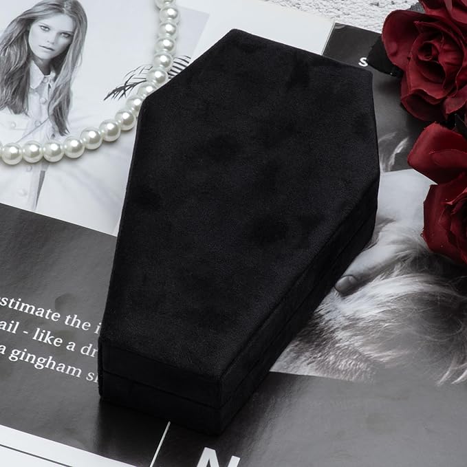 Velvet Coffin Jewelry Travel Case Holder for Gothic Wedding Ceremony Jewelry Organizer Decoration (Black 4 Grid)